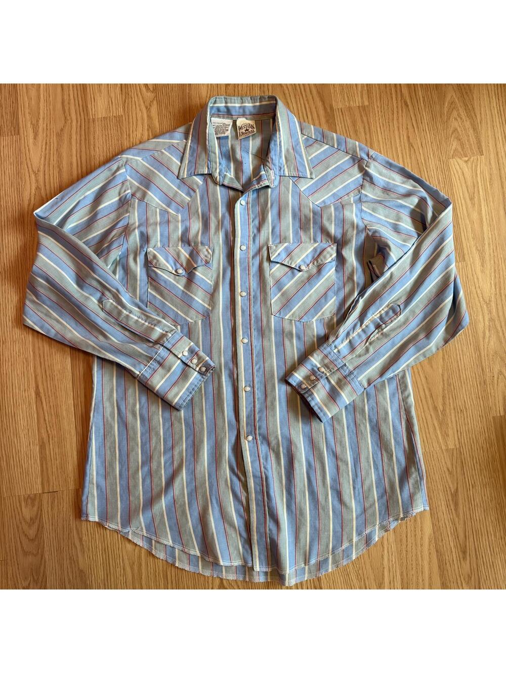 Western Frontier Blue Grey Striped Western Pearl Snap Size Large